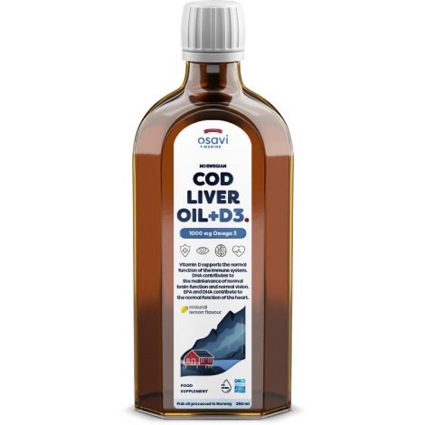 Norwegian Cod Liver Oil + D3, 1000mg Omega 3 (Lemon) - 250 ml.