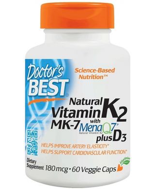 Natural Vitamin K2 MK7 with MenaQ7 plus D3, 180mcg - 60 vcaps