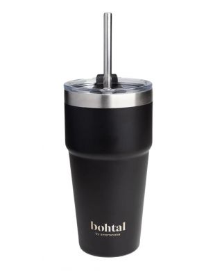 Bohtal Double Insulated Travel Mug with Straw, Black - 600ml.
